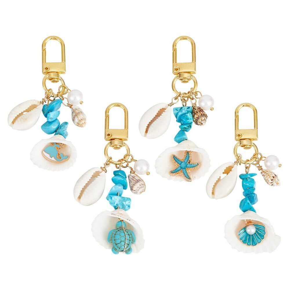 6142 8 Pcs 4 Styles Shell Turquoise Bead Keychain, Starfish Turtle Dolphin